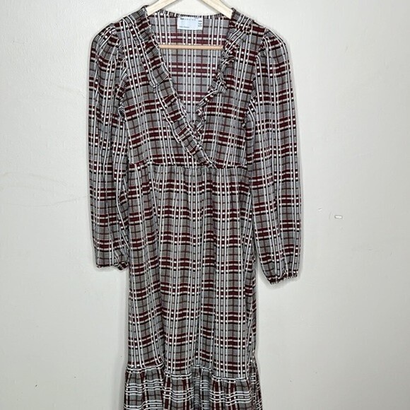 ASOS DESIGN MIDI SMOCK DRESS FRILL NECK BLACK & RUST CHECK PRINT SIZE 4P - Picture 4 of 11